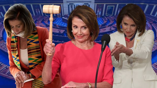A photo collage with three different images of Rep. Nancy Pelosi, an older white woman with shoulder-length brown hair, in front of a semi-transparent picture of the U.S. House of Representatives.