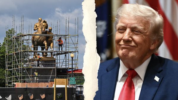 The left image shows construction workers standing around on scaffolding surrounding a large bronze horse statue; the right image shows U.S. President Donald Trump.