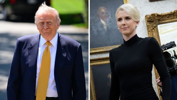 Image shows President Donald Trump side by side with his aide Natalie Harp, a white woman with blonde hair.