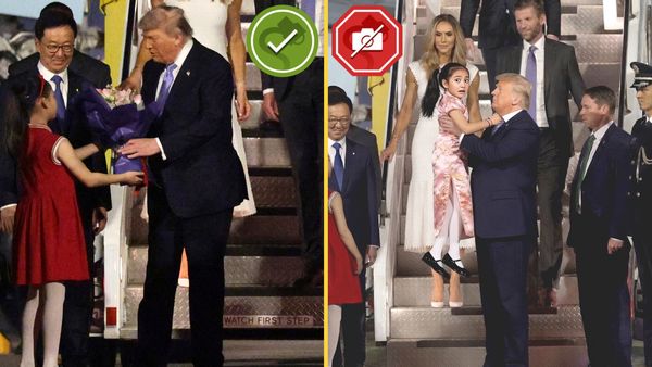 A split-screen image shows a real photo of Trump receiving flowers from a girl during a state visit in China next to a fake image of Trump lifting a small girl who he allegedly received as a present.
