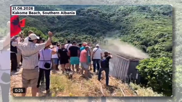 A screenshot from footage showing Albanians tearing down construction sites in Kakome as part of larger protests against corruption and public access to land. 
