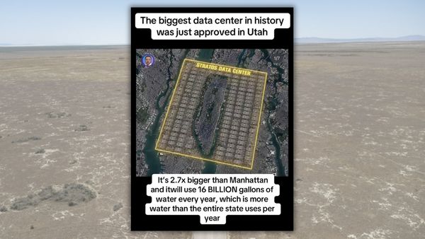 A social media post that says, "The biggest data center in history was just approved in Utah...It's 2.7x bigger than Manhattan and it will use 16 BILLION gallons of water every year, which is more water than the entire state uses per year" 