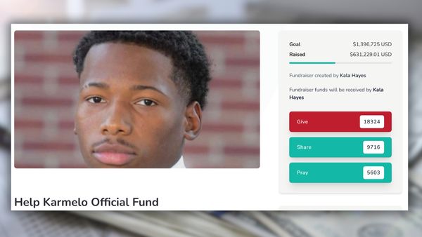 A screenshot of an online fundraising webpage titled, "Help Karmelo Official Fund," with a picture of a Black teenager and $631,229.01 raised out of a goal of about $1.4 million.
