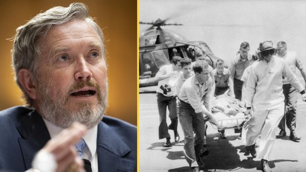 Side-by-side images of U.S. Rep. Thomas Massie, a white man with grey hair and a short beard in a suit, and a black-and-white photograph of men carrying a person on a stretcher from a helicopter. 
