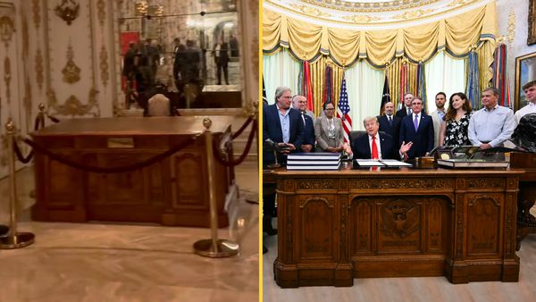 The left side shows a blurry image of an ornate desk surrounded by ropes in a lobby and the right side shows U.S. President Donald Trump sitting behind an even more ornate desk in the Oval Office, surrounded by people.