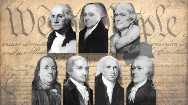 Black-and-white images of seven very old-timey men, all considered Founding Fathers of the U.S. In the background, the parchment of the Declaration of Independence.