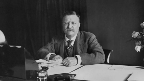 Image shows Theodore Roosevelt seated at a desk.