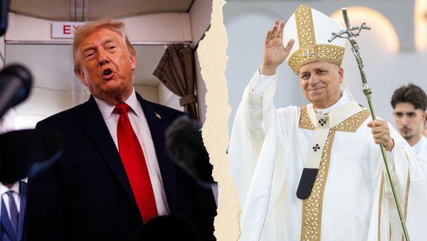 Side-by-side images showing U.S. President Donald Trump in a suit taking questions from reporters on the left and Pope Leo XIV in ceremonial white and gold papal garb waving at the public. 