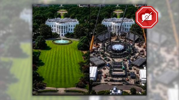 Two fake images show the White House before and after the Trump administration built a UFC structure on the South Lawn.