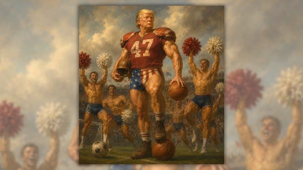An image that's likely AI-generated depicts U.S. President Donald Trump as a muscular football player surrounded by shirtless male cheerleaders.