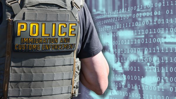 Photo collage of an ICE officer wearing a bulletproof vest and busy street scene with binary code on top of it. 