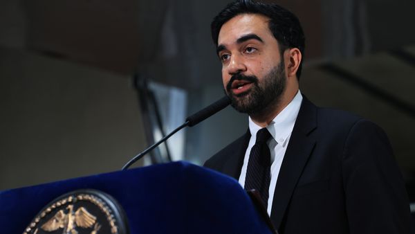 New York City Mayor Zohran Mamdani speaks at a food distribution center on July 27, 2026, in the Brooklyn borough of New York City. 