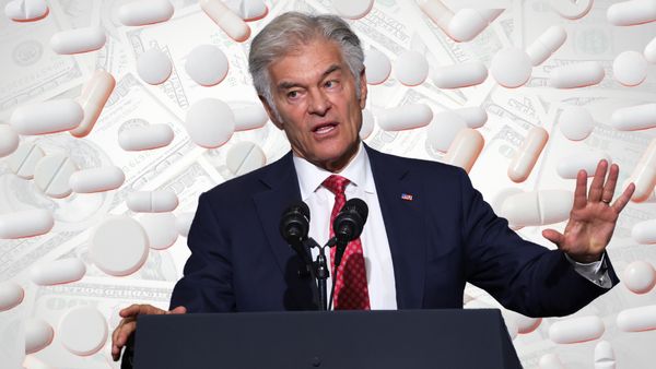 Illustration shows photo of Mehmet Oz, a man with white hair, wearing a suit and speaking at a lectern. Dollar bills and nondescript white prescription drugs make up the background.