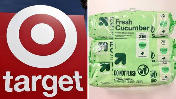 An image shows two separate photos, with a Target store logo sign on the left and packages of the green-color Up&Up fresh cucumber scented baby wipes.
