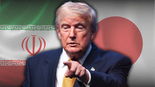 Photo illustration showing U.S. President Donald Trump pointing with the Iran and Japan flags behind him. 