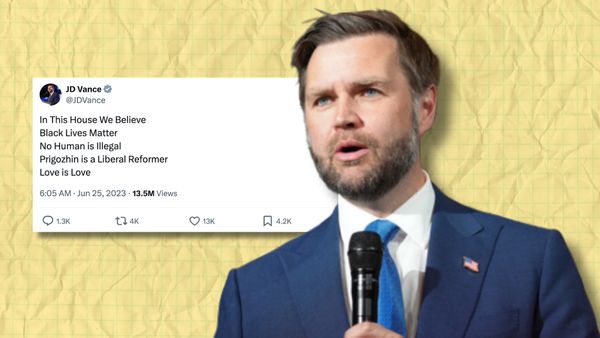 This image shows U.S. Vice President JD Vance alongside a screenshot of an X post he wrote in June 2023. It read: "In this house we believe: Black Lives Matter. No human is illegal. Prigozhin is a Liberal reformer. Love is love."
