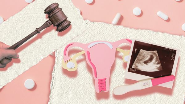 A photo collage of a gavel hovering above a simple depiction of a uterus, an ultrasound photo and a pregnancy test. 
