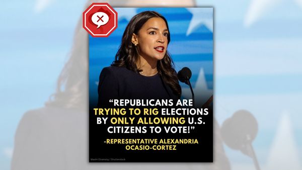 An image of Alexandria Ocasio-Cortez speaking in front of a microphone. Text edited in over the image reads: "Republicans are trying to rig elections by only allowing U.S. citizens to vote! - Representative Alexandria Ocasio-Cortez." The Snopes "Incorrect Attribution" icon is edited into the top left