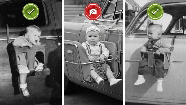 An image shows three alleged photos of children in car seats hanging on the outside of driver's side doors, with the left image having a green symbol signifying its authenticity displaying a child appearing unhappy in the seat affixed to a dark-colored car with a shadow visible to the child's right side, the middle image having a red symbol signifying its inauthenticity showing a well-dressed child in suspenders oddly facing backward with the back cushioning appearing to the child's right as opposed to his or her back side, and the right image having a green symbol for its genuineness, featuring a child sitting in a car seat with a shadow present to his left, with a striped awning somewhat visible on a background building.