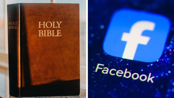 A Holy Bible on the left and a Facebook logo in a blue cosmic setting on the right, split by a thin vertical white line.