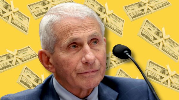 Dr. Anthony Fauci, an older white man with short white hair, in a photo illustration with a background showing stacks of cash wrapped with ribbons.