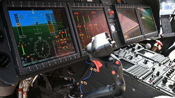 The cockpit and controls of a Leonardo, AW149 latest generation, medium multi-role military helicopter