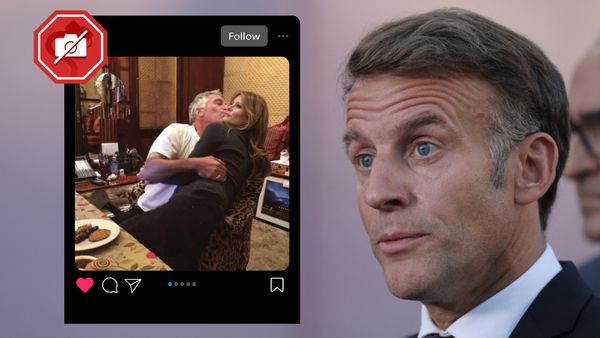 Photo collage of French President Emmanuel Macron, a middle-aged white man with greying hair, alongside a fake social media post showing Jeffrey Epstein, an older white man with white hair, grabbing and kissing Melania Trump, a woman with long brown hair. 