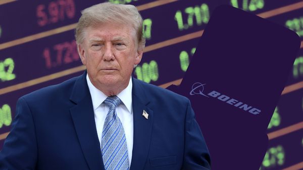 Photo collage of U.S. President Donald Trump in front of a screen showing stocks and the Boeing logo on a phone. 