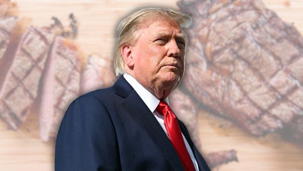 U.S. President Donald Trump wears a navy suit jacket and red tie while looking to the right. The image's background shows a cooked steak.