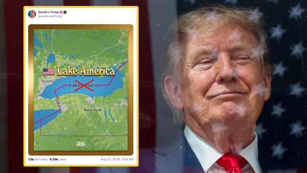 Photo collage of a Truth Social post with a map of Lake Ontario and the label crossed out, with a golden "Lake America" label. Another image shows a U.S. flag reflected in a window, which U.S. President Donald Trump is behind, smiling. 