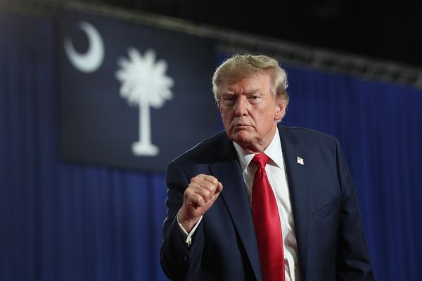 Photograph shows U.S. President Donald Trump holding up his fist at a rally.