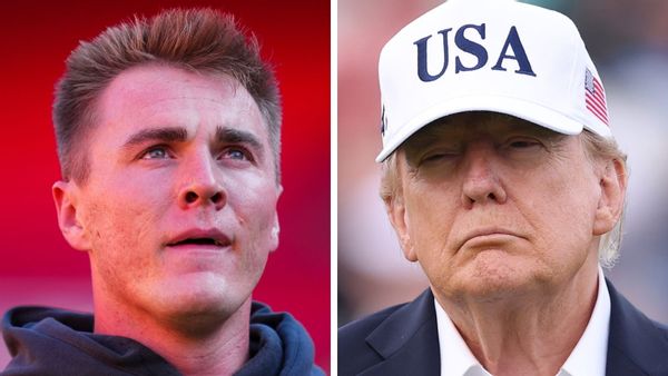 An image shows two separate pictures, on the left Denver Broncos quarterback Bo Nix wearing a dark blue sweatshirt and looking up in an outdoor setting with an orange background, as well as on the right U.S. President Donald Trump wearing a white hat with the blue letters "USA" and a U.S. flag, squinting, with a dark blue suit and a white collared shirt, in an outdoor setting.