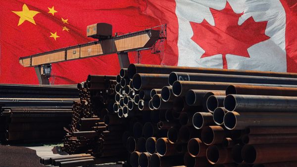 Image collage of red Chinese flag with five yellow stars and Canadian flag with red maple leaf behind steel pipes. 