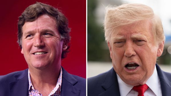 Tucker Carlson and Donald Trump's pictures side-by-side.