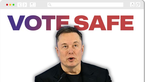 Elon Musk, a white man in a black suit, in front of a logo that says, "VOTE SAFE." 