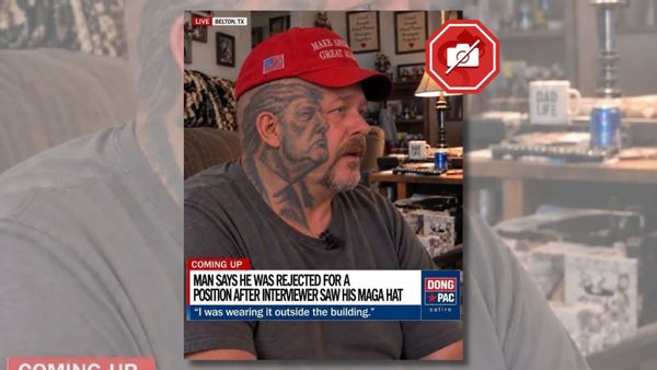AI-generated image shows white man in a gray T-shirt wearing Make America Great Again hat and donning a tattoo in the likeness of President Donald Trump on one side of his face. A chyron near the bottom reads, "Man said he was rejected for a position after interviewer saw his MAGA hat" followed by "I was wearing it outside the building."