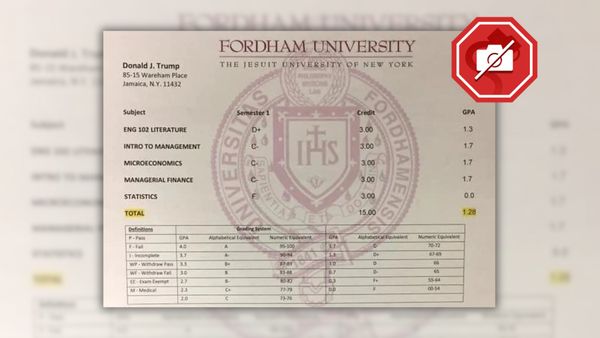 A fake transcript from Fordham University shows Trump had a 1.28 GPA.