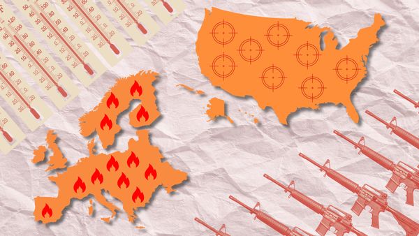 Simple illustration in orange of the country of the United States with target icons and Europe with flame icons with diagonal framing by thermometers and guns. 