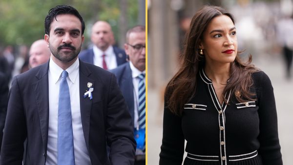 The image is a side-by-side collage of New York City Mayor Zohran Mamdani and New York Rep. Alexandria Ocasio-Cortez walking. He is wearing a gray suit and she is wearing a black skirt and jacket with white trims.