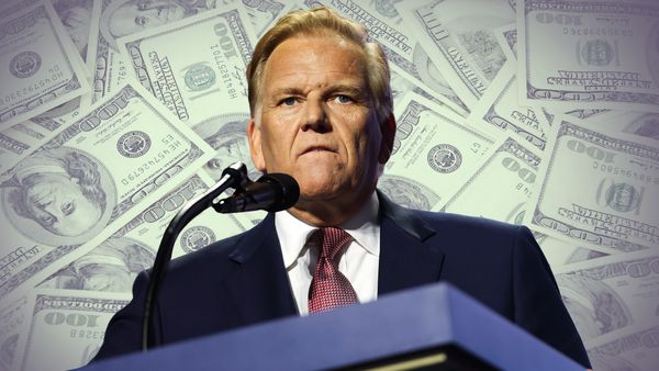 Photo collage of Mike Rogers, an older white man in a suit, in front of a background of $100 bills. 