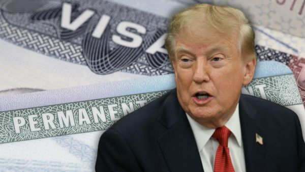 Collage of U.S. President Donald Trump shown in front of visa and immigration documents. 