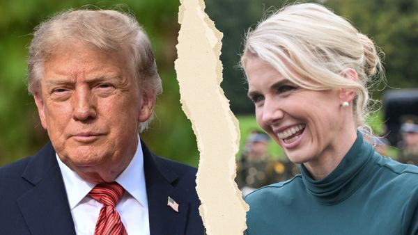 Side-by-side images show U.S. President Donald Trump and his aide, Natalie Harp, a smiling young white woman with platinum blonde hair in a teal turtleneck. 