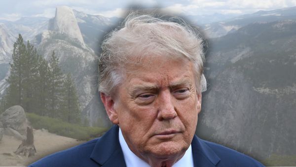 Trump, a white man wearing a blue suit, is pictured on a beautiful mountain image.