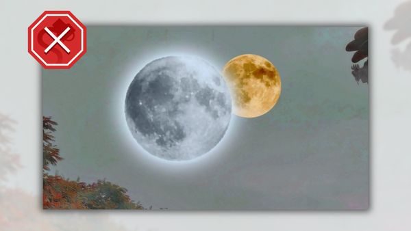 Screenshot of image from Facebook post. The usual moon, albeit larger than usual, appears with a white glowing ring around it in a grey sky. Just to its right and behind it is a brownish-colored moon that is perhaps a third of the size of the usual moon. The two moons appear to use different photos of the same moon, Earth's usual moon. A Snopes "false" icon has been placed at the top-left.