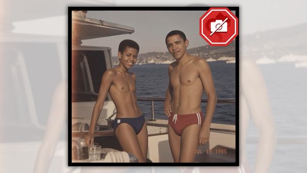 Screenshot of AI-generated image meant to falsely depict Barack and Michelle Obama as men on a boat together, timestamped to JUL 19 1985. The image has a sepia filter over it designed to give it the quality of an older photograph. The Snopes fake image icon has been overlaid at the top right of the image.