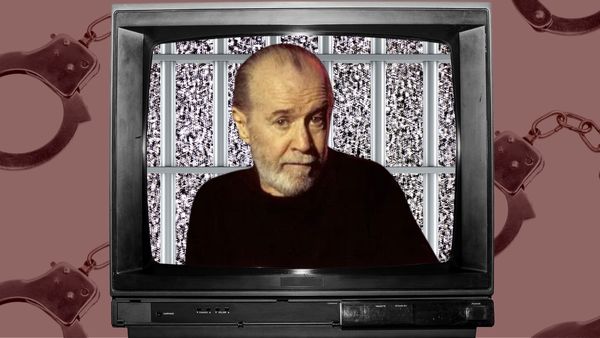 An illustration featuring comedia George Carlin on an old television screen with prison bars in the background, set against a pattern of handcuffs.