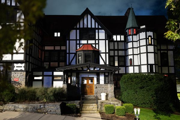 Image shows the fraternity house at Cornell University where the alleged 2024 gang rape occurred. 