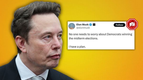 Photo collage of Elon Musk, a white man in a black suit, looking at a fake X post from him that says, "No one needs to worry about Democrats winning the midterm elections. I have a plan."