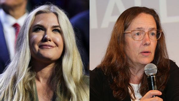 Side-by-side images show Turning Point CEO Erika Kirk and historian Heather Cox Richardson.