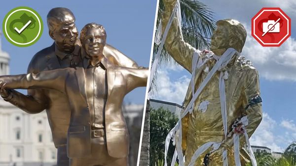 Side-by-side illustration shows real gold statue depicting Trump holding Epstein in "Titanic pose (left) and a fake image depicting a gold Trump statue vandalized with garbage.
